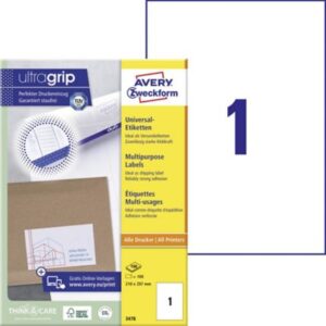 Avery Zweckform 3478 Universal-Etiketten, 210 x 297 mm, weiß, 1 Stück/Blat